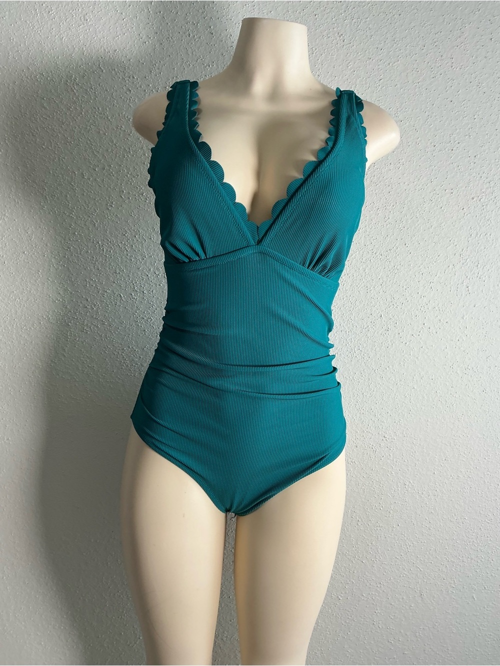 Teal Scalloped V-Neck One-Piece Swimsuit
